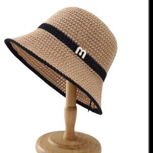 M Beige Straw Bucket Hat with Black Trim